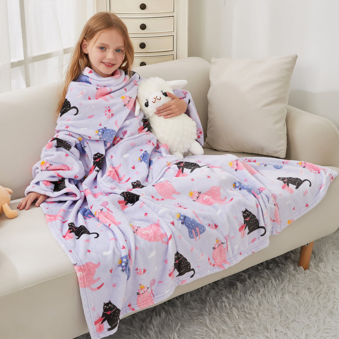 Cat Wearable Fleece Blanket with Sleeves & Foot Pocket for Kids