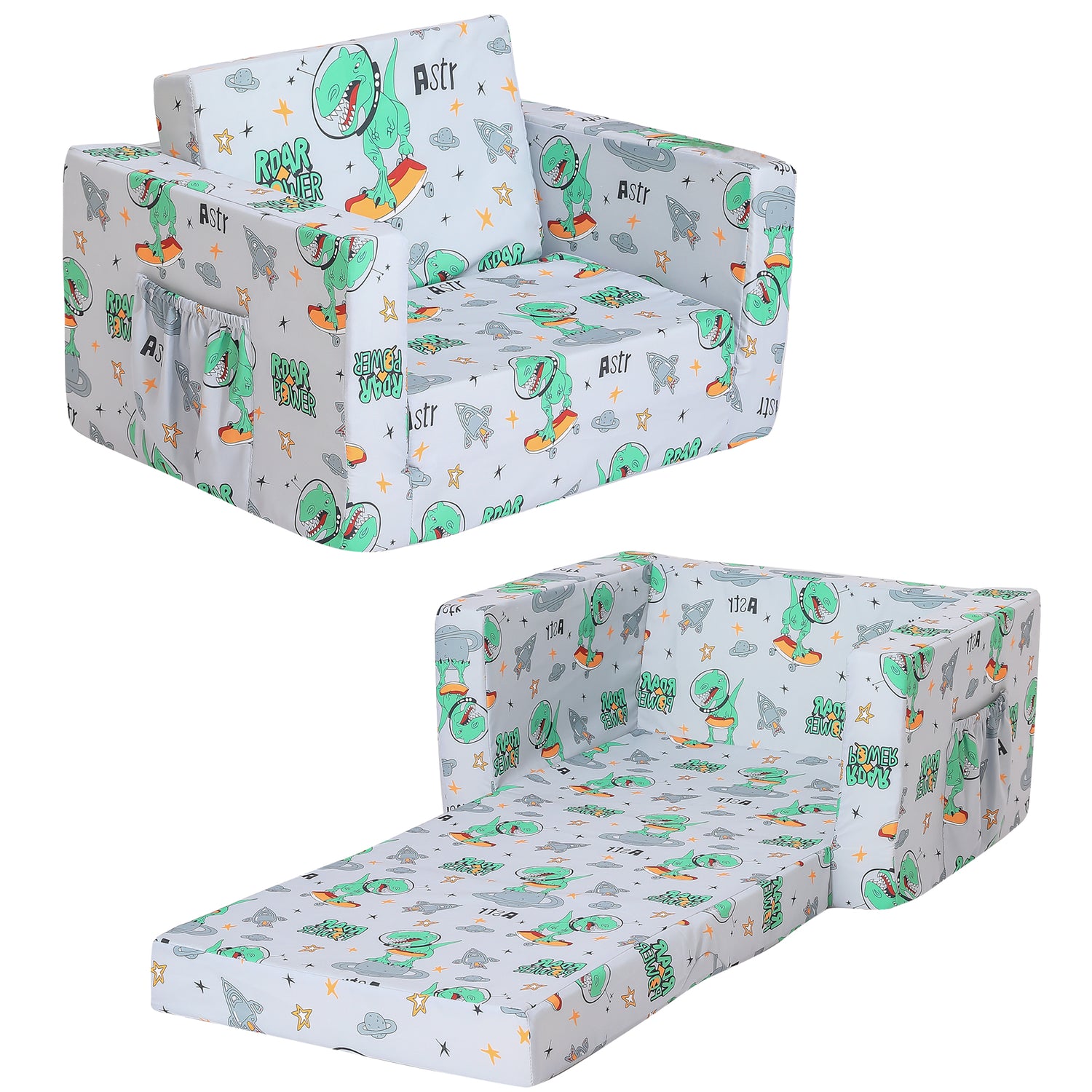 Gray Dinosaur 2-in-1 Kids Sofa for Toddler Convertible Sofa to Lounger