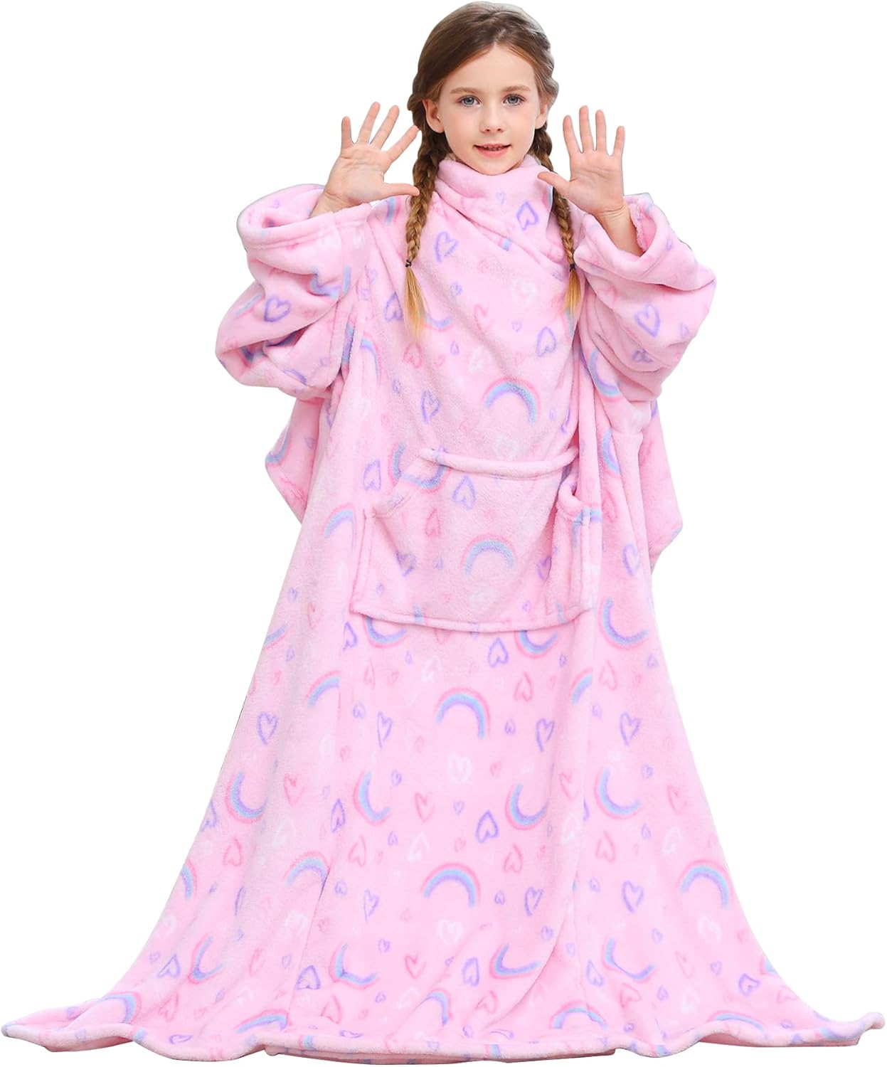 Pink Rainbow Kids Wearable Fleece Blanket with Sleeves & Foot Pocket