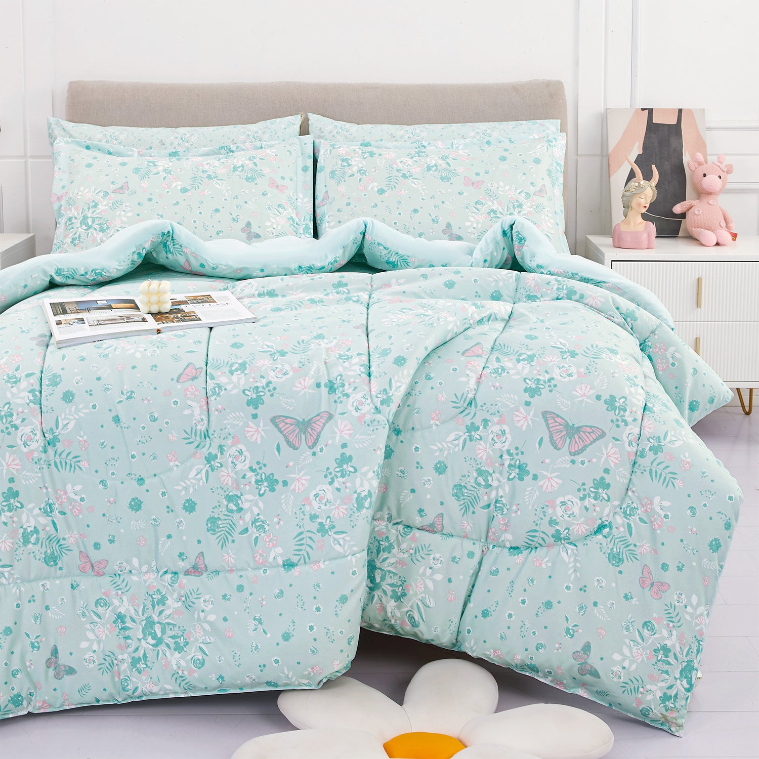 Juego de cama infantil con diseño de cuento de hadas, flores y mariposas
