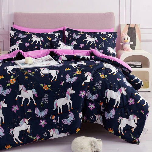 Purple Pink Unicorn Kids Comforter Sets– 6 or 8 Piece Options