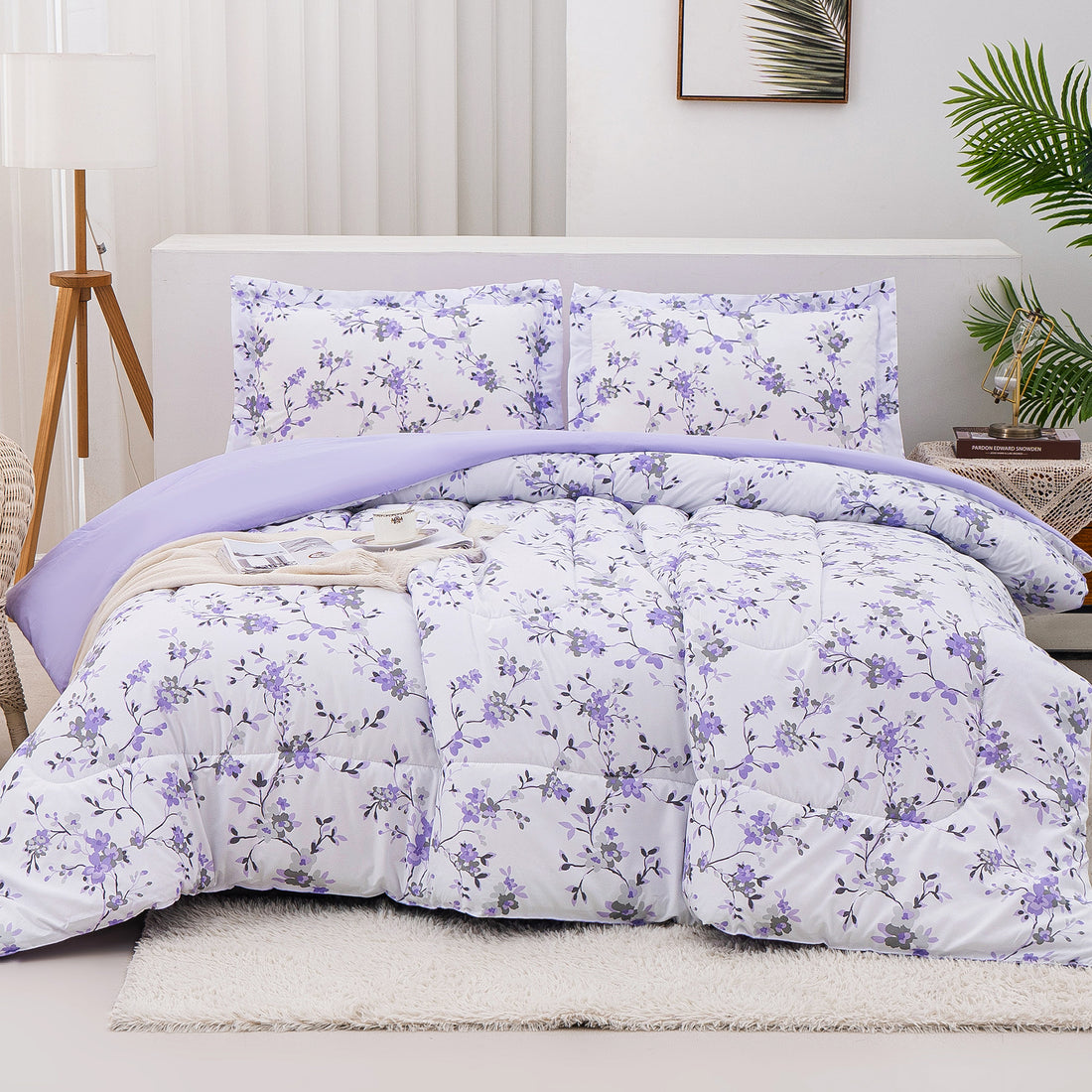 Floral Down Alternative Comforter & Shams Set - Purple White Flower