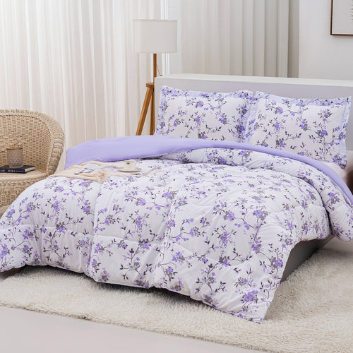 Floral Down Alternative Comforter & Shams Set - Purple White Flower