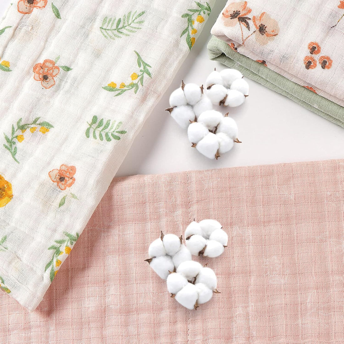 Green Floral Baby Muslin Burp Cloths 10" x 20" 4 Pack