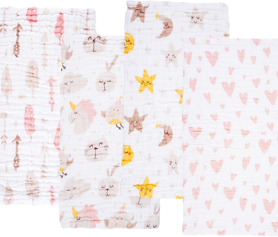 Pink Heart Baby Muslin Burp Cloths 10" x 20" 4 Pack