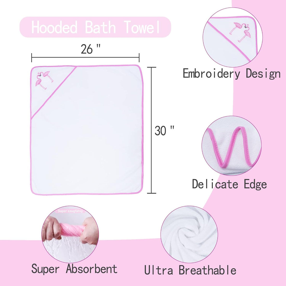 Flamingo Baby Hooded Towel and Washcloth Set 6-Pack Size 30 x 26 Inch
