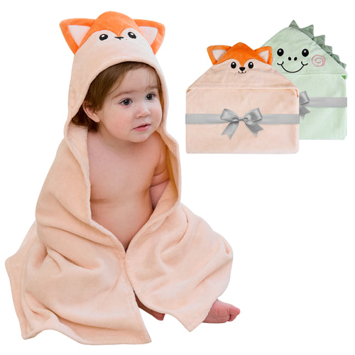 (Dinosaur & Fox) 2 Pack Cotton Hooded Baby Towels, Extra Thick and Absorbent, 32" * 32"