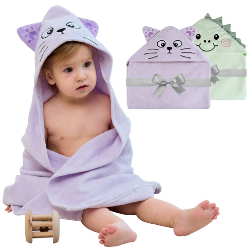(Dinosaur & Cat) 2 Pack Cotton Hooded Baby Towels, Extra Thick and Absorbent, 32" * 32"