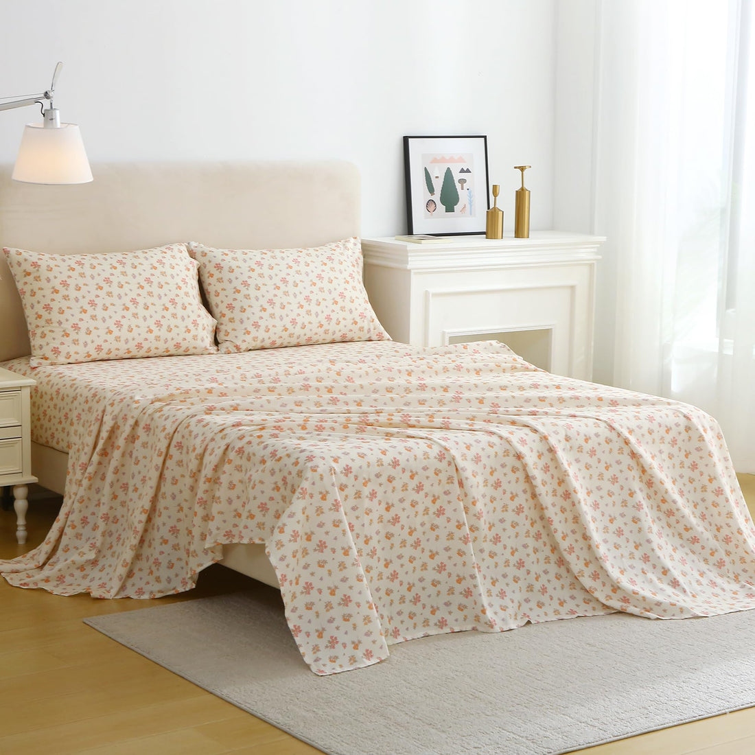 Warm Orange Pink Blossom Bed Sheet Set Deep Pocket Double Brushed Microfiber