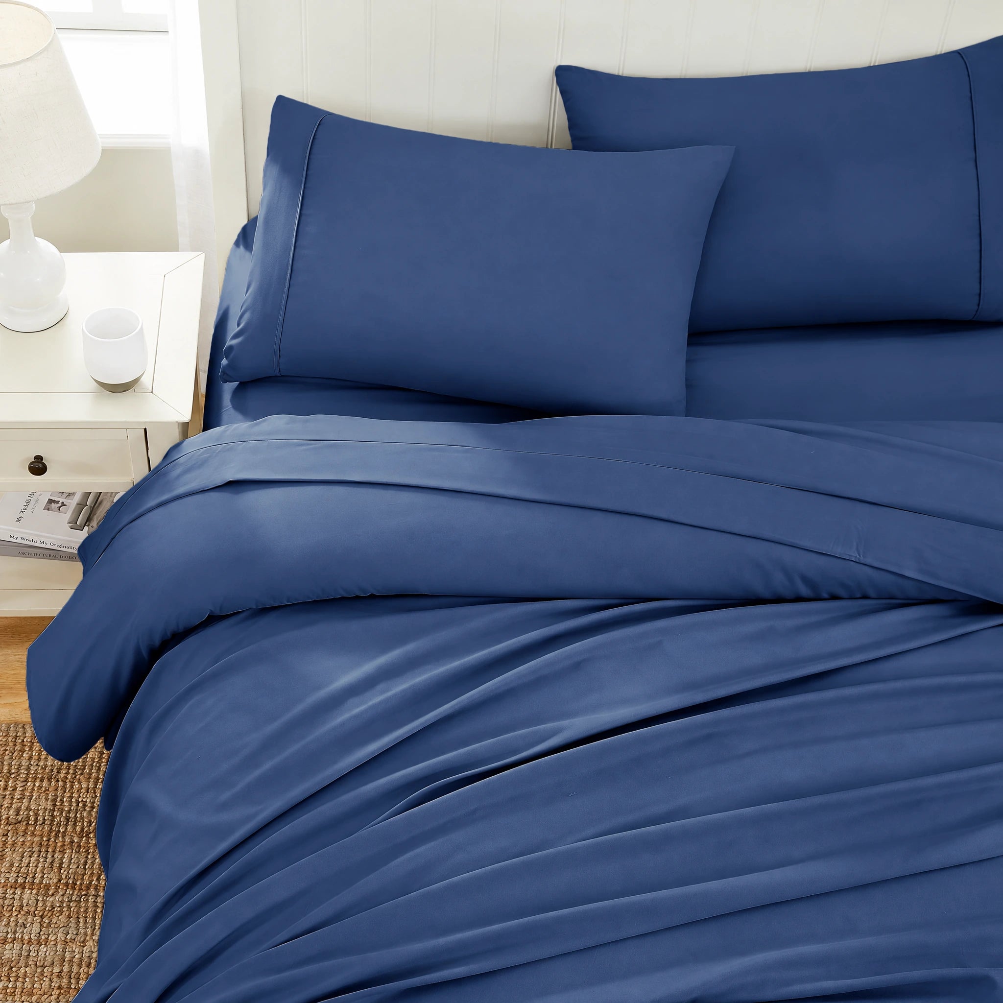 Navy pillowcase and sheet fabric with matching finished edges