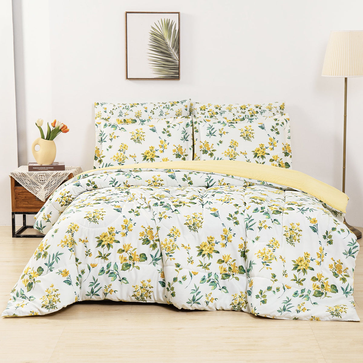 Yellow Daisy Dreamscape bedding arranged on a made bed