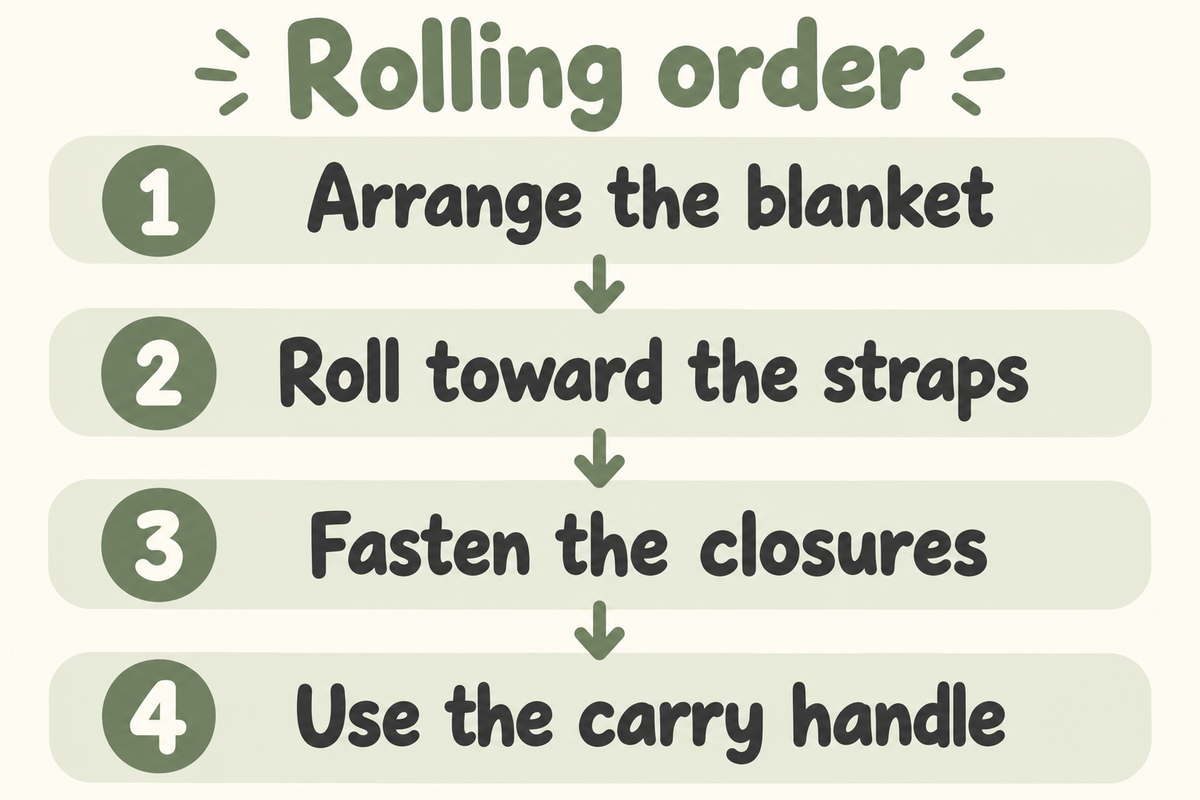 Four rolling steps: arrange the blanket, roll toward the straps, fasten the closures, and use the carry handle.