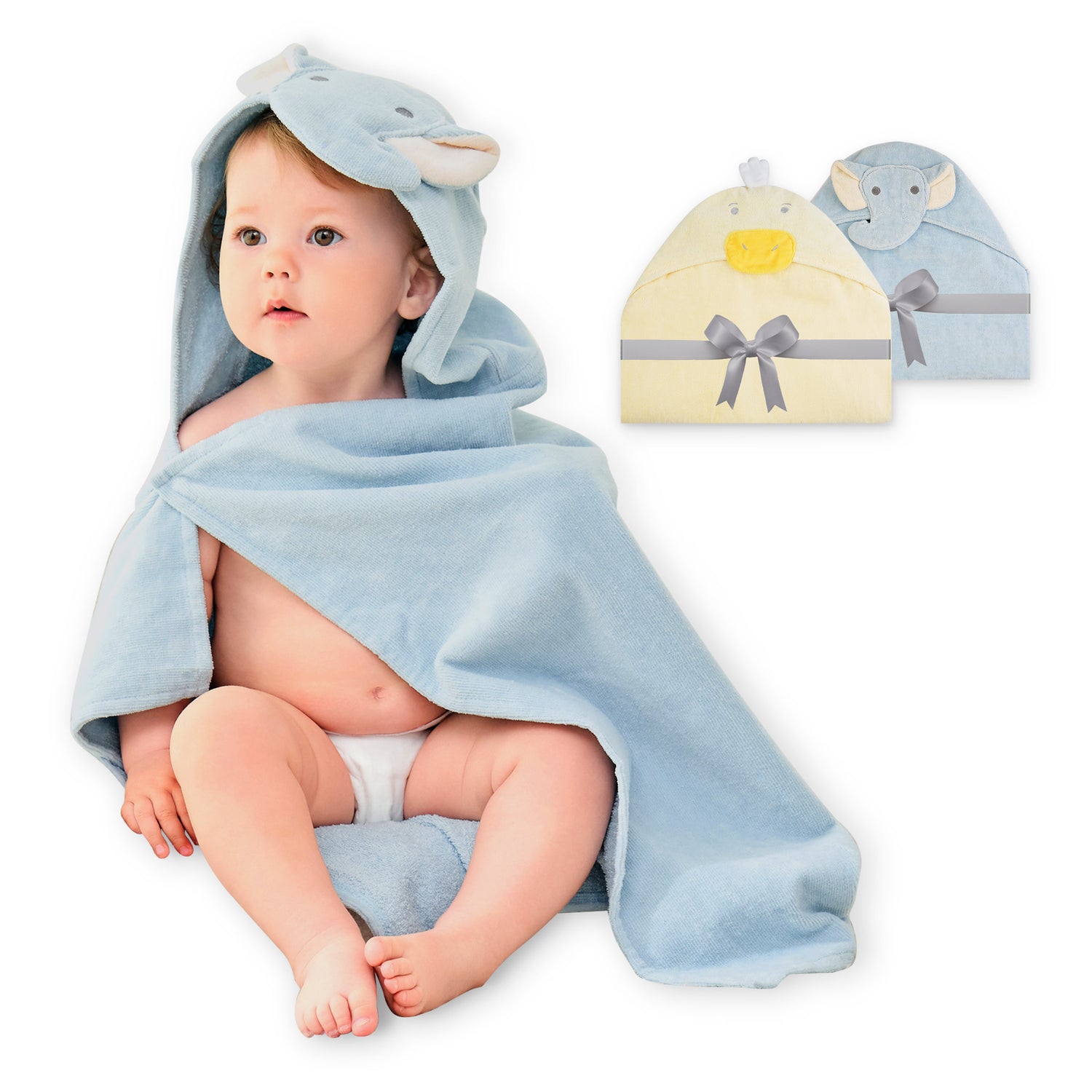 (Blue Elephant & Duck) 2 Pack Cotton Hooded Baby Towels, Extra Thick and Absorbent, 32" * 23"