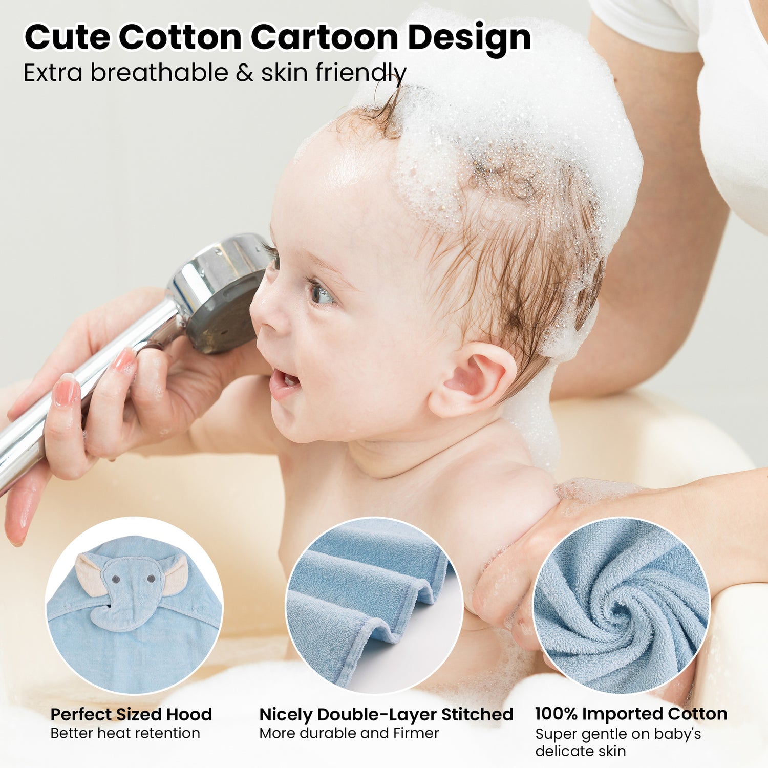 (Blue Elephant & Duck) 2 Pack Cotton Hooded Baby Towels, Extra Thick and Absorbent, 32" * 23"