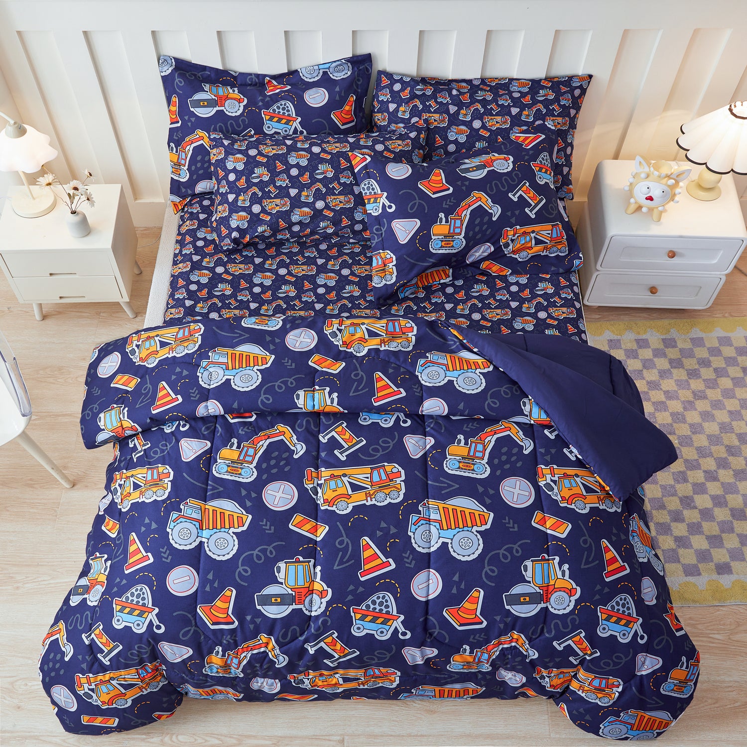 Bold Blue Construction Vehicle Bedding Set for Kids