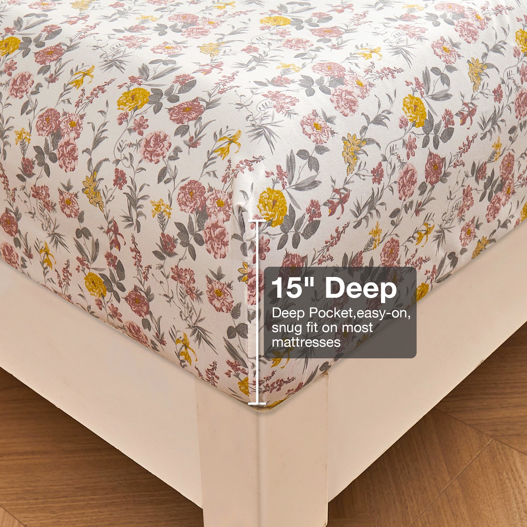 4 Piece Vintage Pink & Yellow Flower Patterned Bed Sheets Set