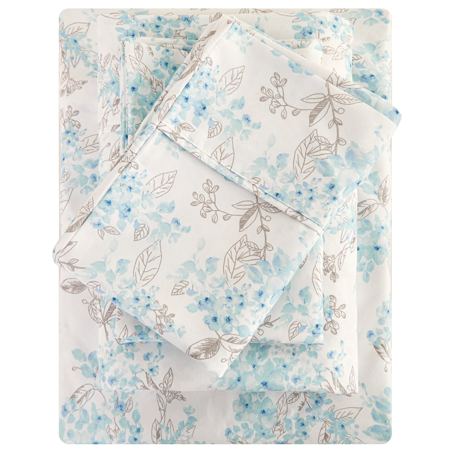 4 Pieces Light Blue Flower Bed Sheet Set