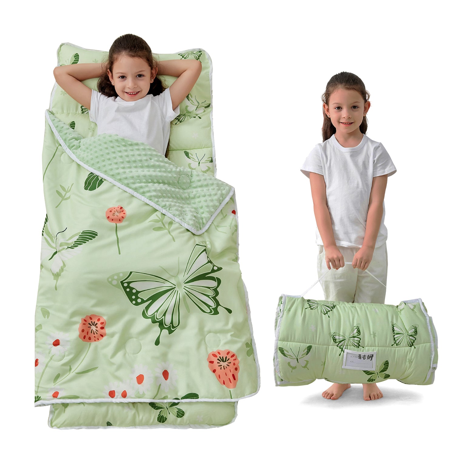 Green Butterfly Toddler Nap Mat with Pillow & Blanket
