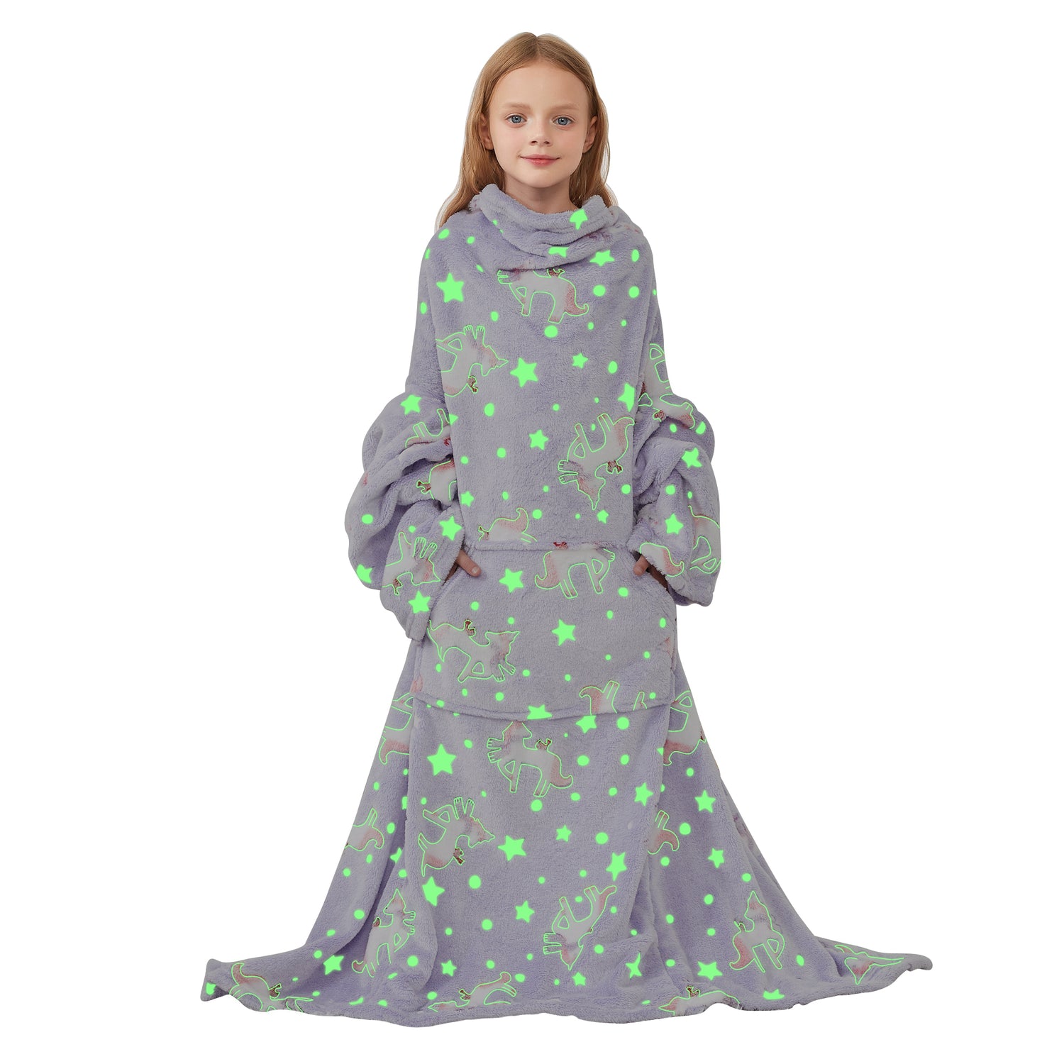 Glowing Unicorn Wearable Fleece Blanket with Sleeves & Foot Pocket for Kids