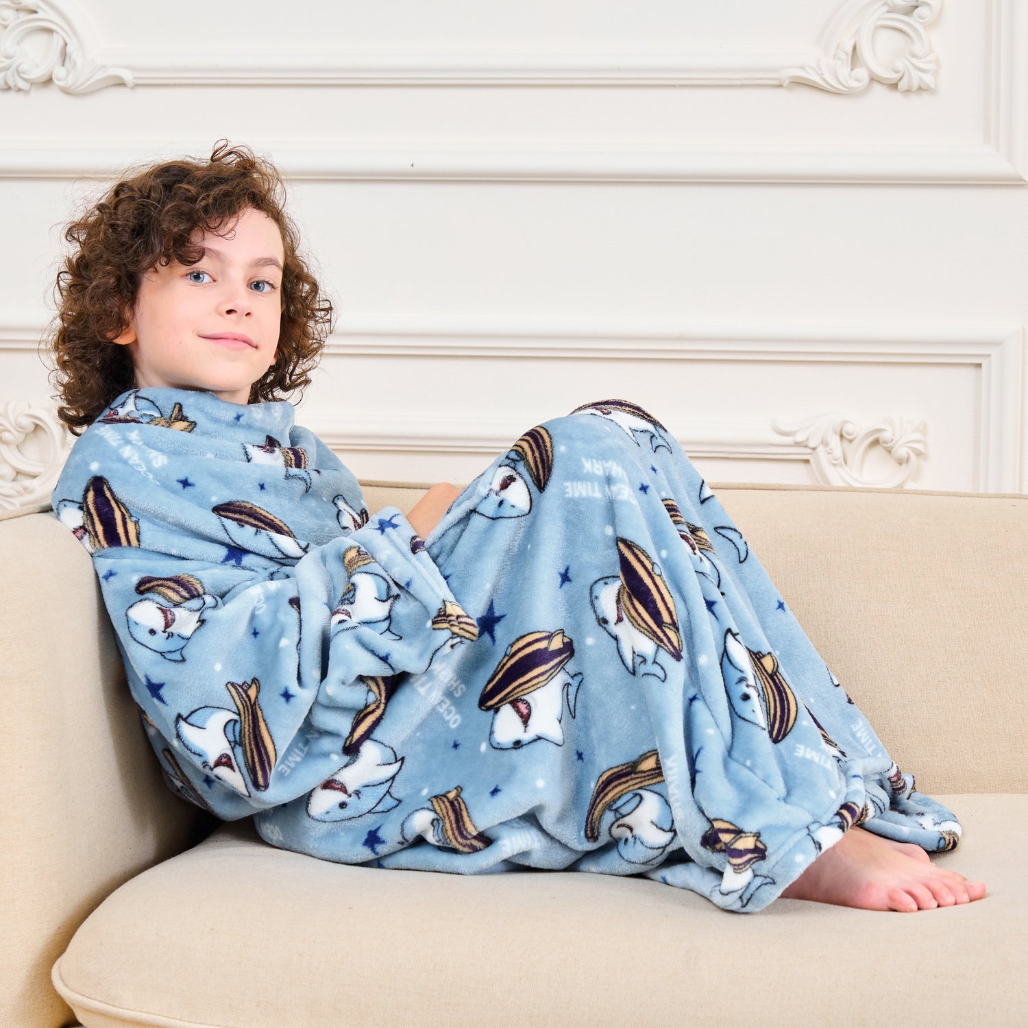 Shark Wearable Fleece Blanket with Sleeves & Foot Pocket for Kids