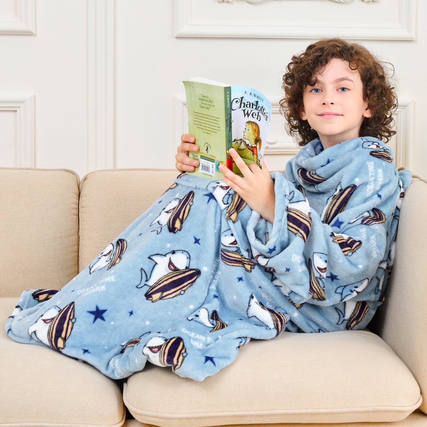 Shark Wearable Fleece Blanket with Sleeves & Foot Pocket for Kids