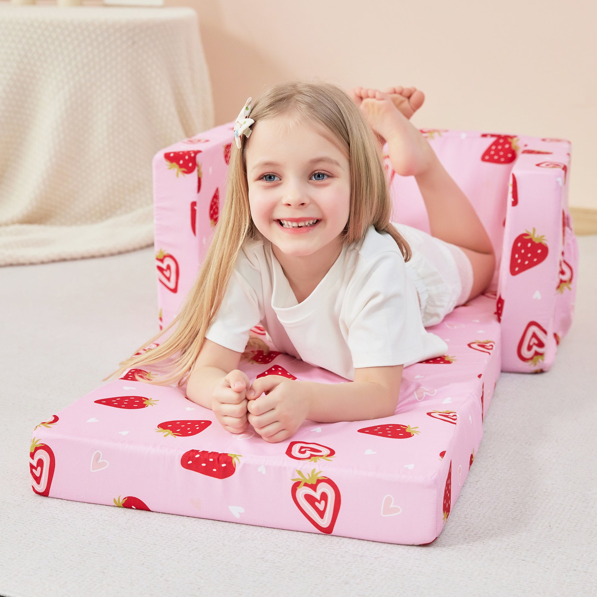 Pink Strawberry 2-in-1 Kids Sofa for Toddler Convertible Sofa to Lounger Bed