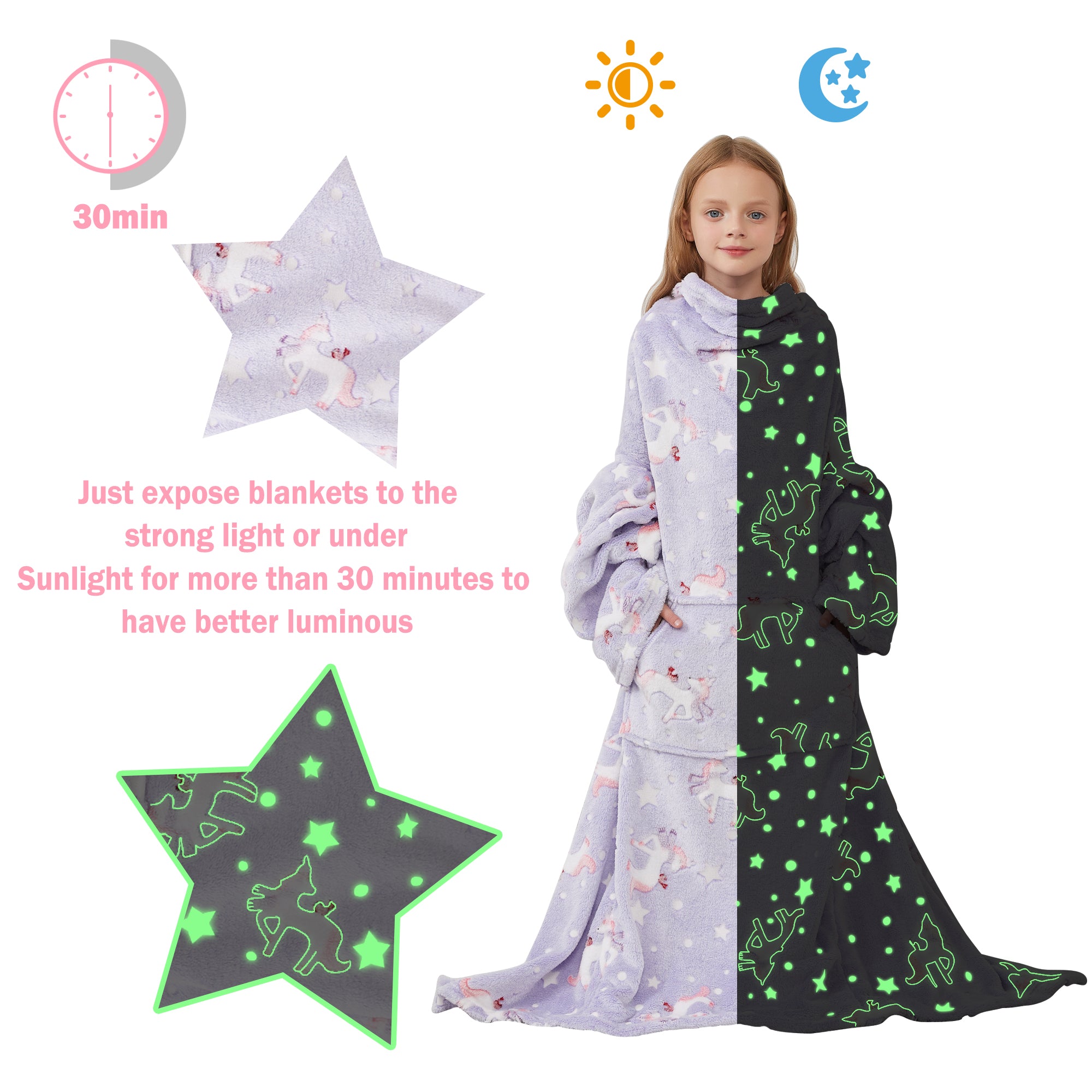Glowing Unicorn Wearable Fleece Blanket with Sleeves & Foot Pocket for Kids