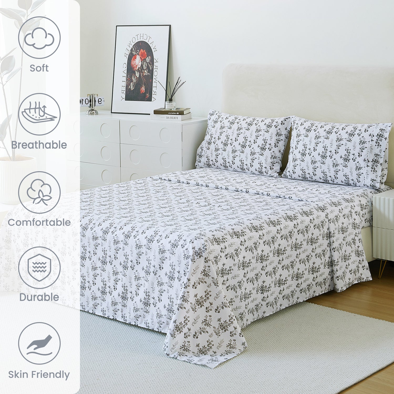Gradient Grey Small Flowers Bed Sheets Set