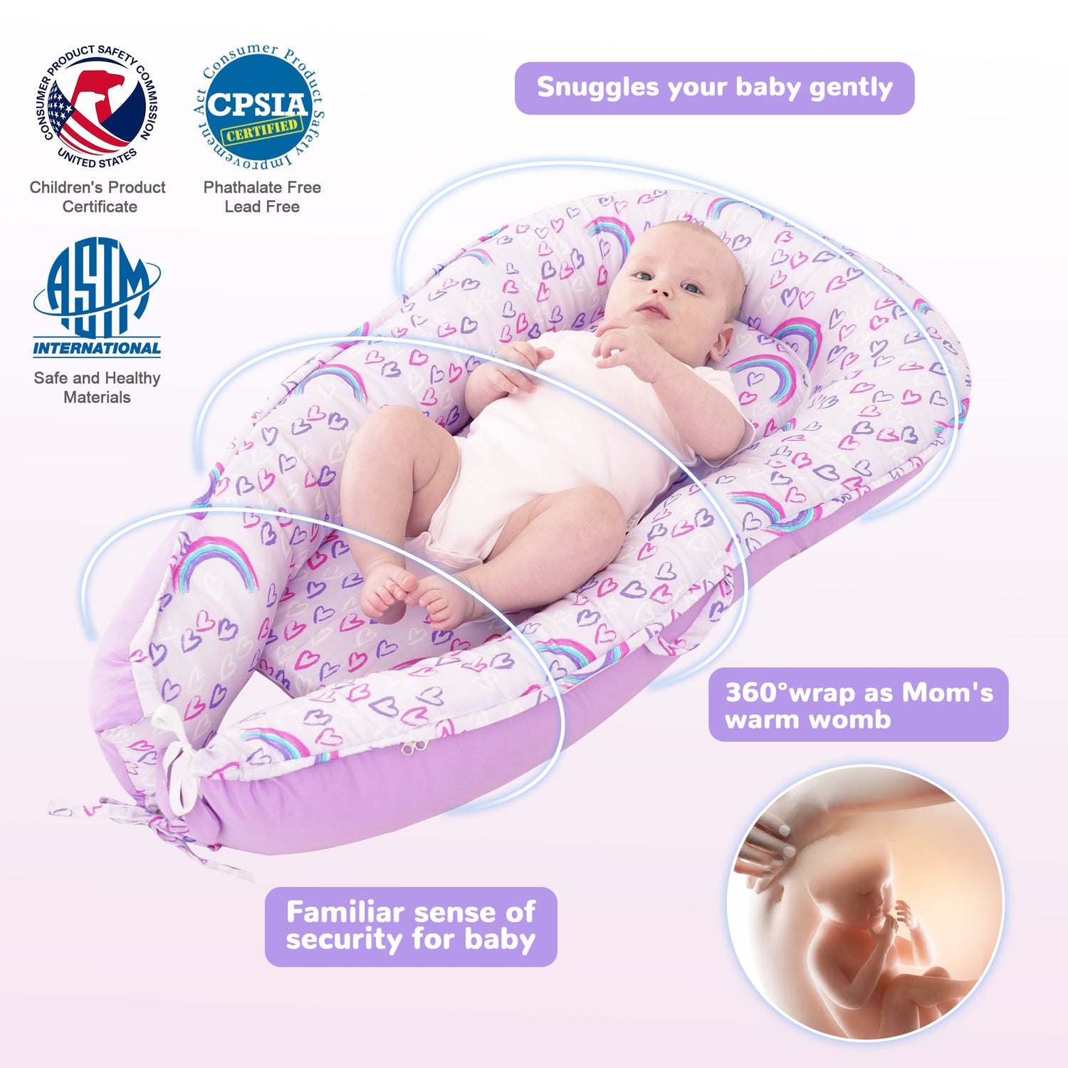 Rainbow Baby Lounger - Baby Nest Co Sleeper for Baby Bed, Soft & Breathable Portable Cotton Newborn Lounger Nest for Crib Bassinet