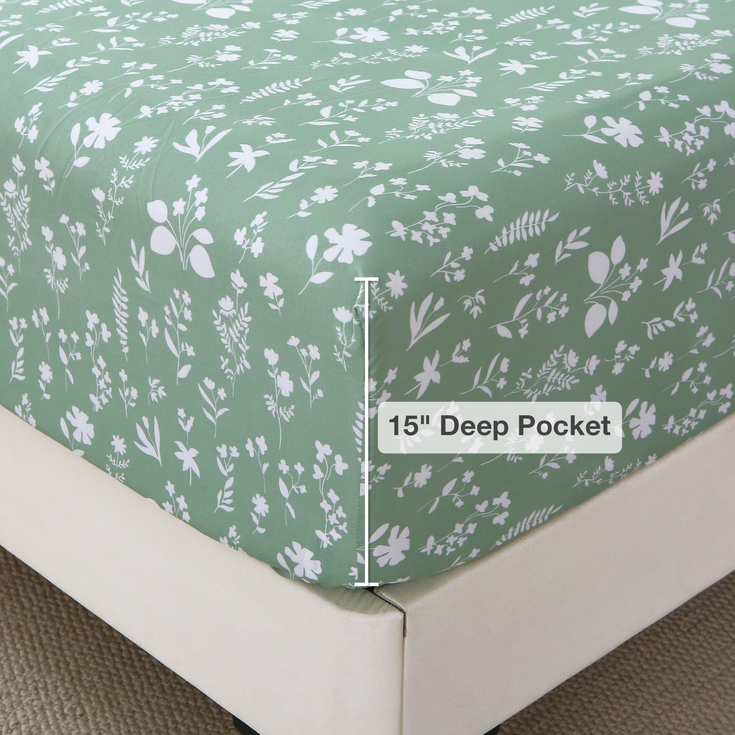 4 Piece Vintage Sage Green Flower Patterned Bed Sheets Set