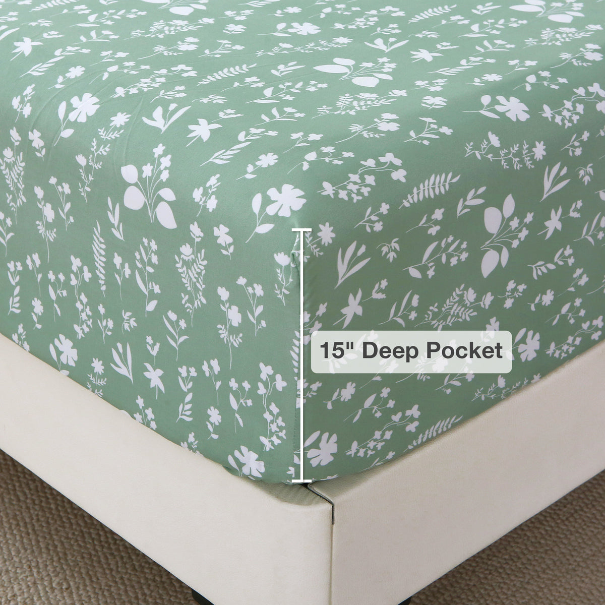 Sage Green Ditsy Floral Bed Sheet Set Deep Pocket Double Brushed Microfiber