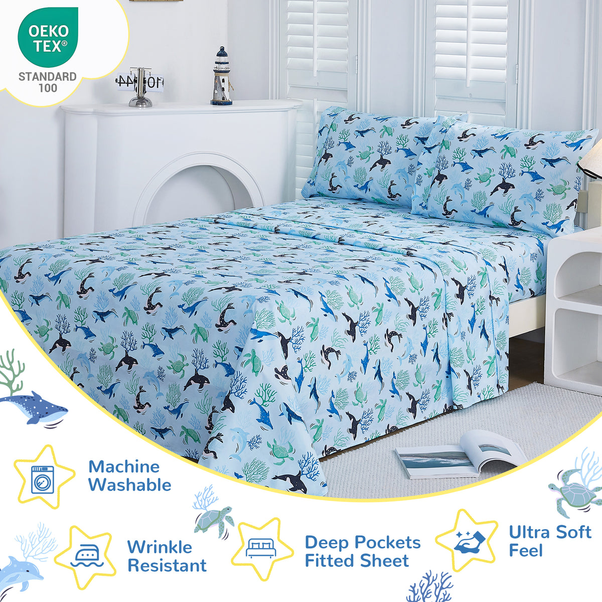Blue Ocean Sea Creature Kids Bed Sheet Set Deep Pocket Double Brushed Microfiber