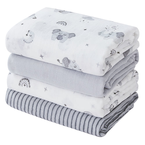 Gray Elephant 4-Pack Cotton Muslin Swaddle Blankets, 47 x 47 in