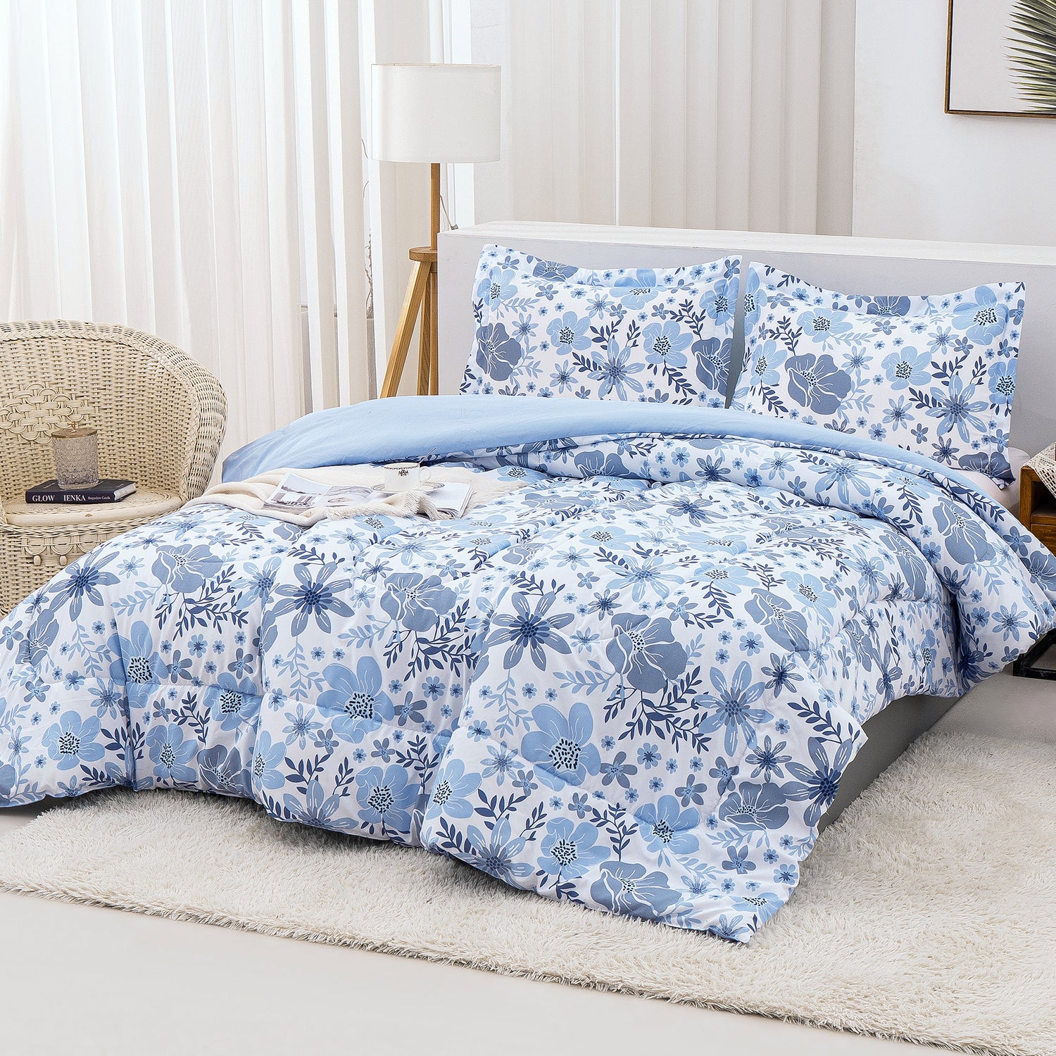 Blue Flower3 Pieces Comforter Sets with Pillow Shams