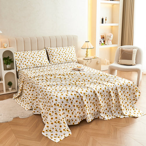 Sunflower Patterned Bed Sheet Set with Non-Slip Straps