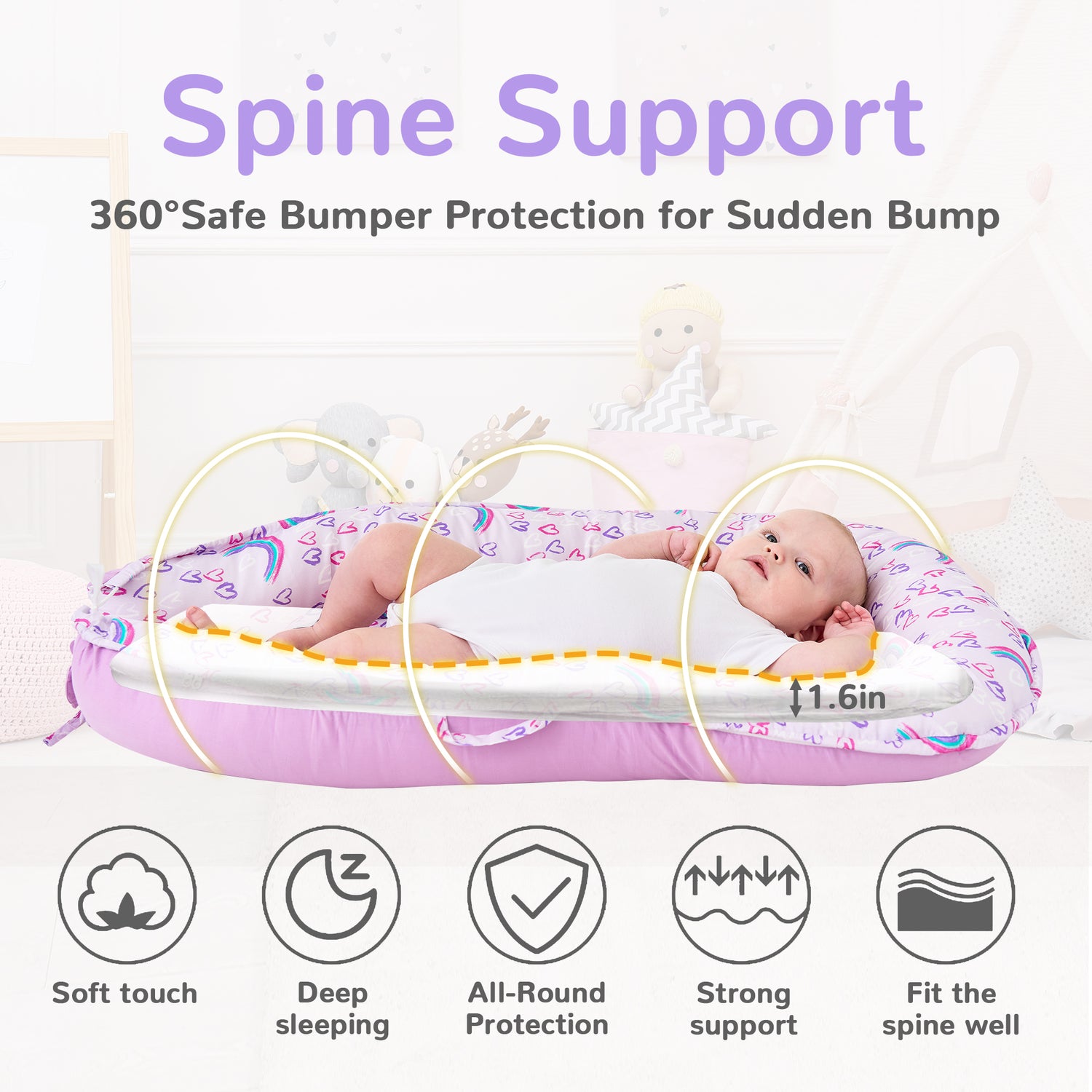 Rainbow Baby Lounger - Baby Nest Co Sleeper for Baby Bed, Soft & Breathable Portable Cotton Newborn Lounger Nest for Crib Bassinet