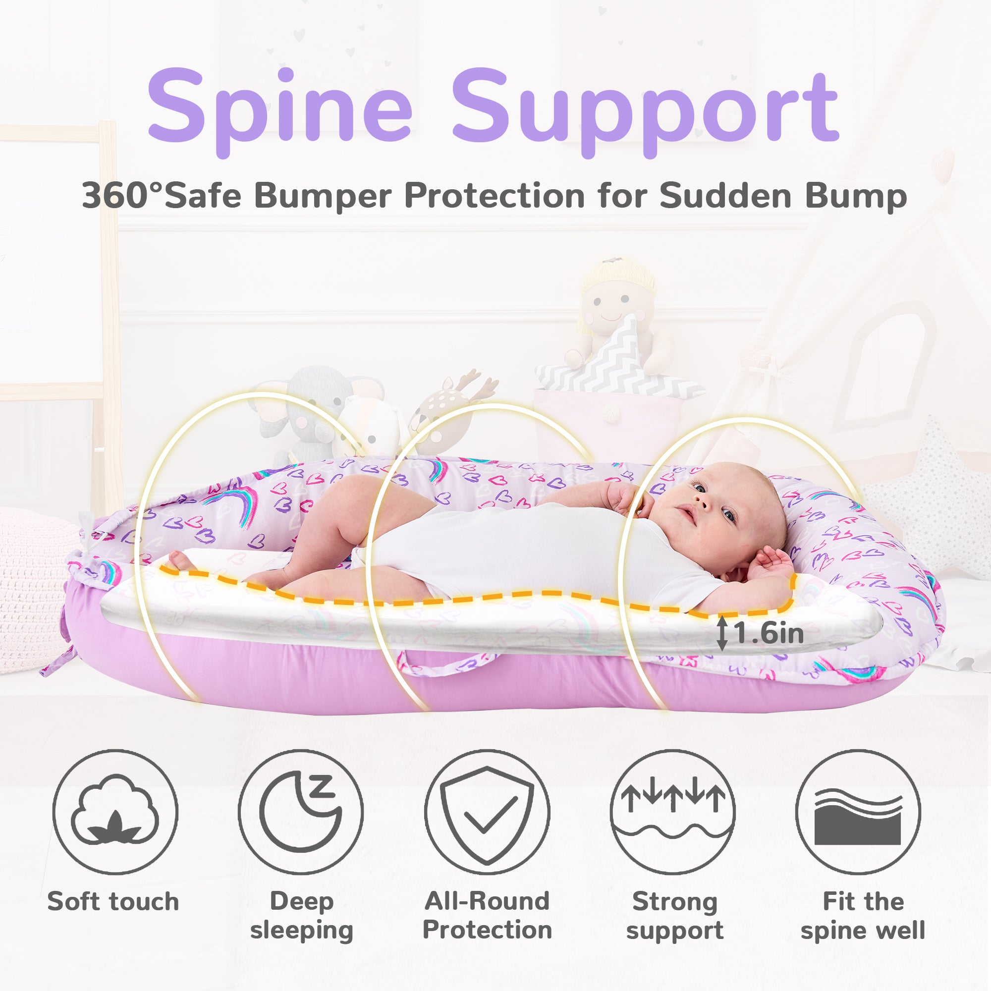 Chaise longue arc-en-ciel pour bébé - Co-dormeur pour lit bébé, chaise longue portable en coton doux et respirant pour nouveau-né, berceau
