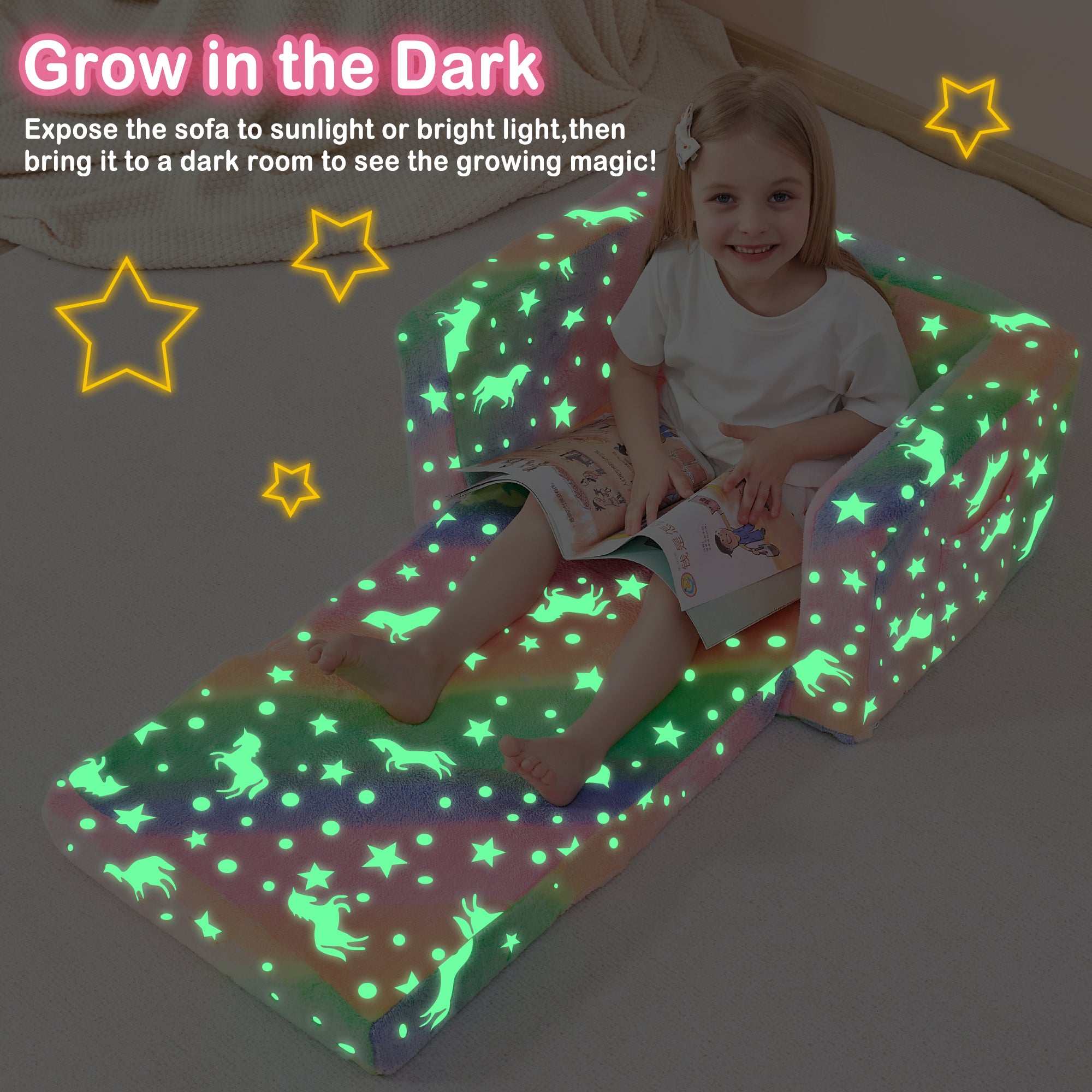 Glow Unicorn 2-in-1  Kids Sofa for Toddler Convertible Sofa to Lounger Bed