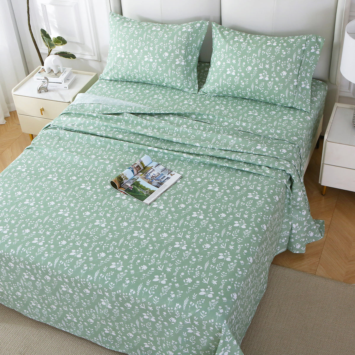 Sage Green Ditsy Floral Bed Sheet Set Deep Pocket Double Brushed Microfiber