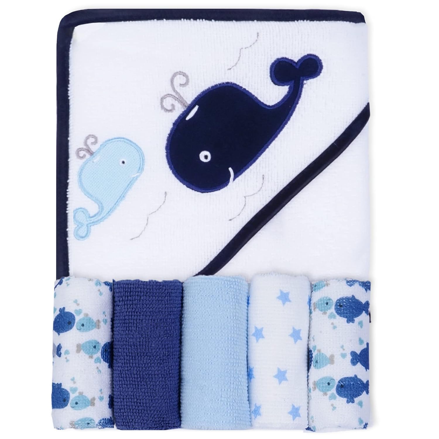 Whale Bro Baby Hooded Towel and Washcloth Set 6-Pack Size 30 x 26 Inch