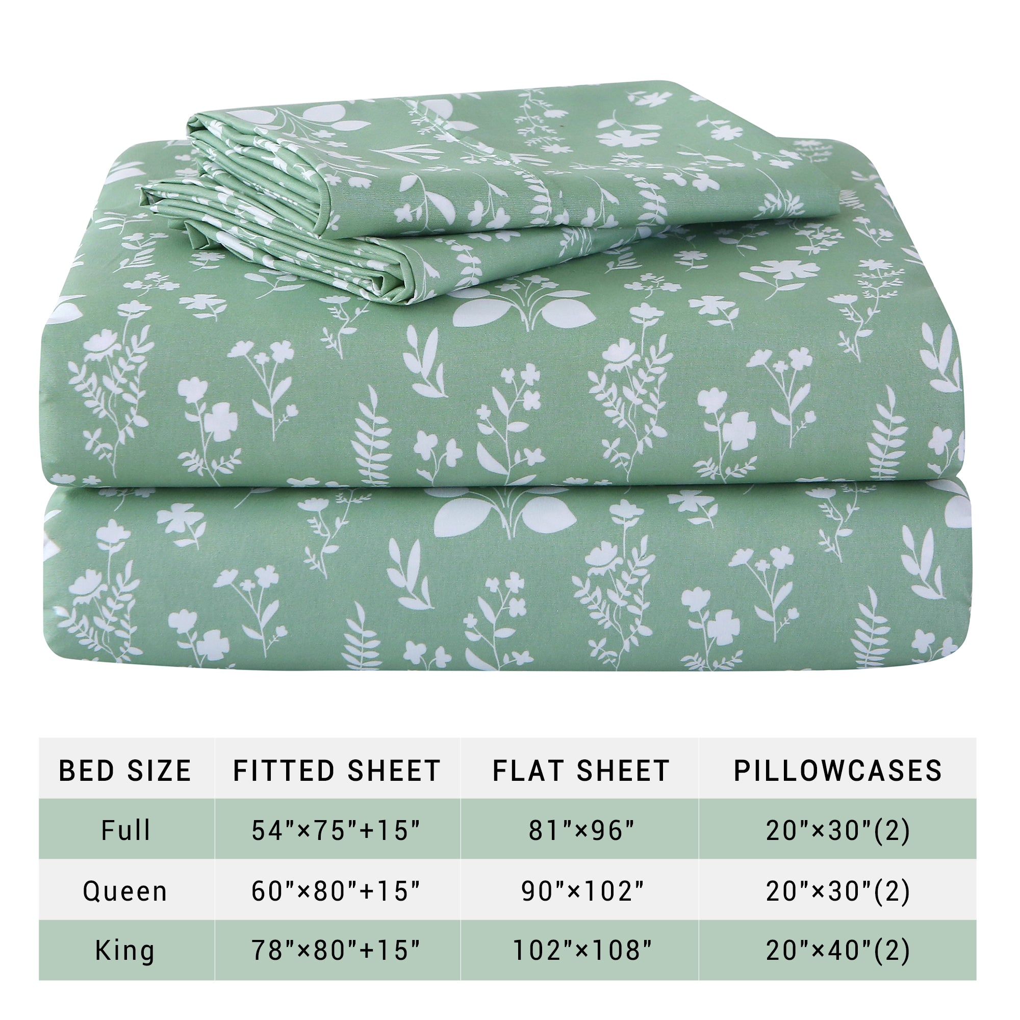 4 Piece Vintage Sage Green Flower Patterned Bed Sheets Set