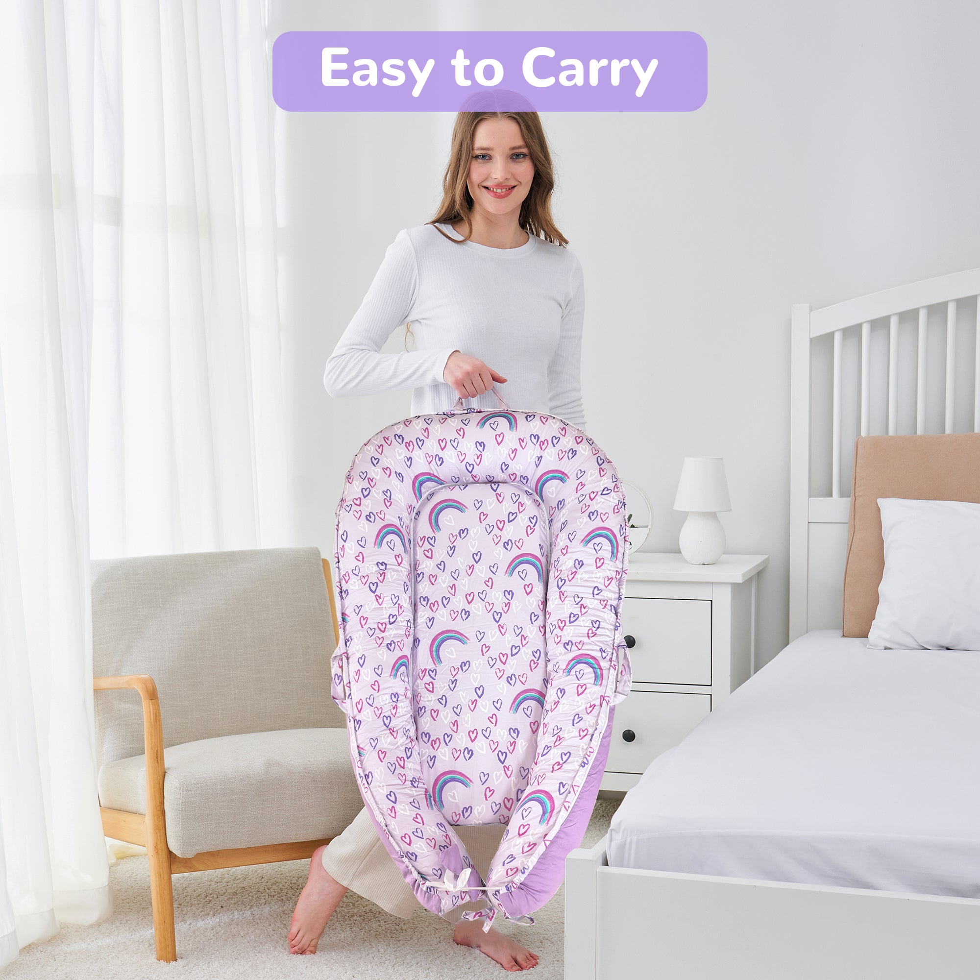 Chaise longue arc-en-ciel pour bébé - Co-dormeur pour lit bébé, chaise longue portable en coton doux et respirant pour nouveau-né, berceau