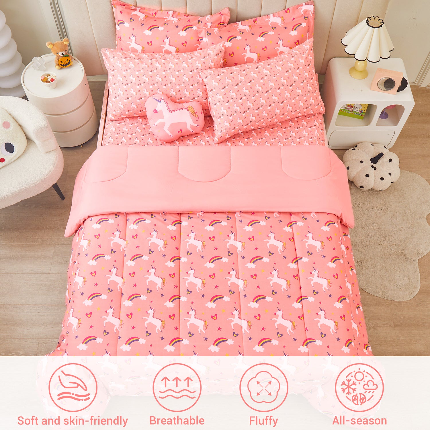 Pink Unicorn Rainbow 6/8 Pcs Comforter Sets for Girls Kids
