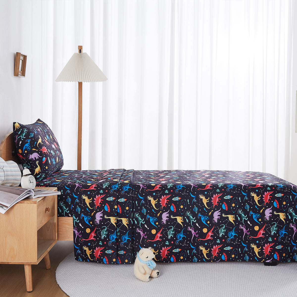 Space Dinosaur Kids Bed Sheet Set Deep Pocket Double Brushed Microfiber