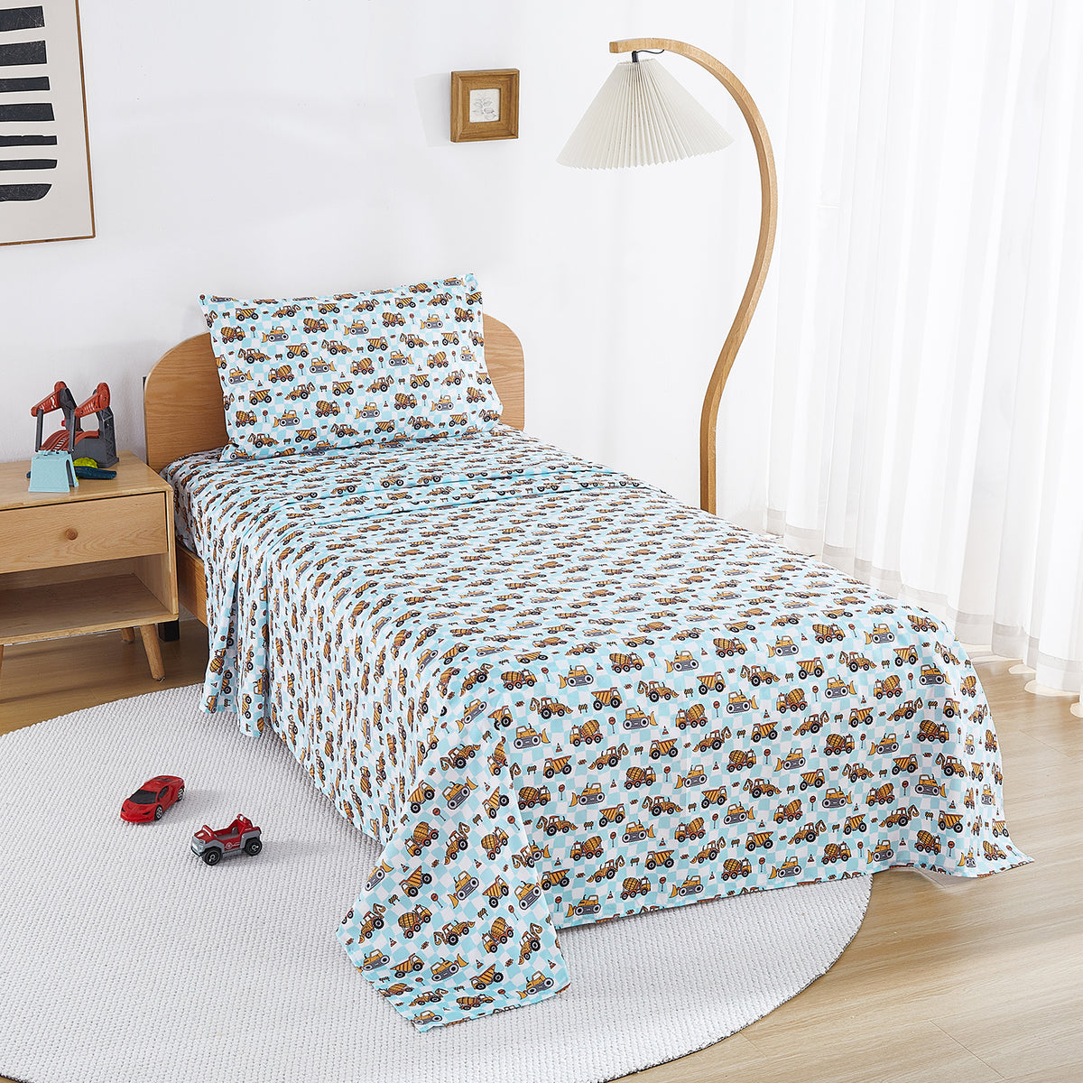 Grid Excavator Kids Bed Sheet Set Deep Pocket Double Brushed Microfiber