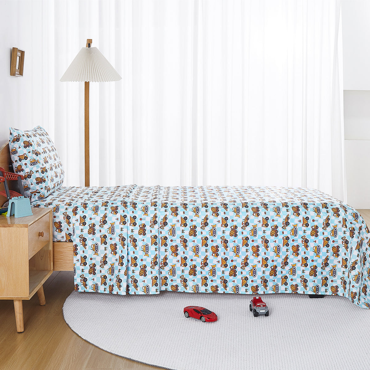 Grid Excavator Kids Bed Sheet Set Deep Pocket Double Brushed Microfiber