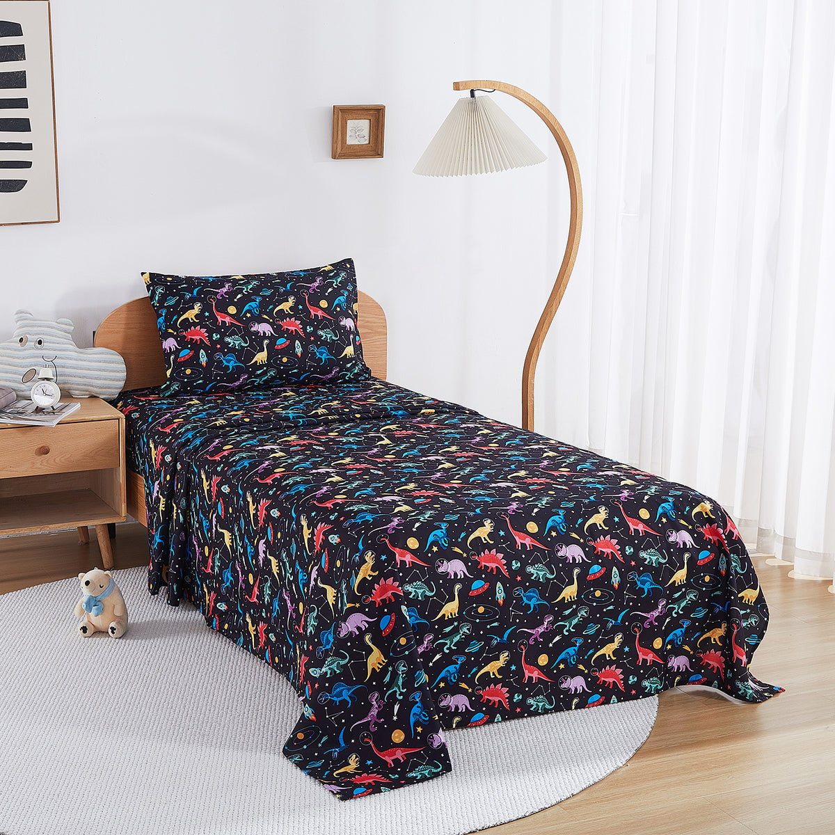 Space Dinosaur Kids Bed Sheet Set Deep Pocket Double Brushed Microfiber