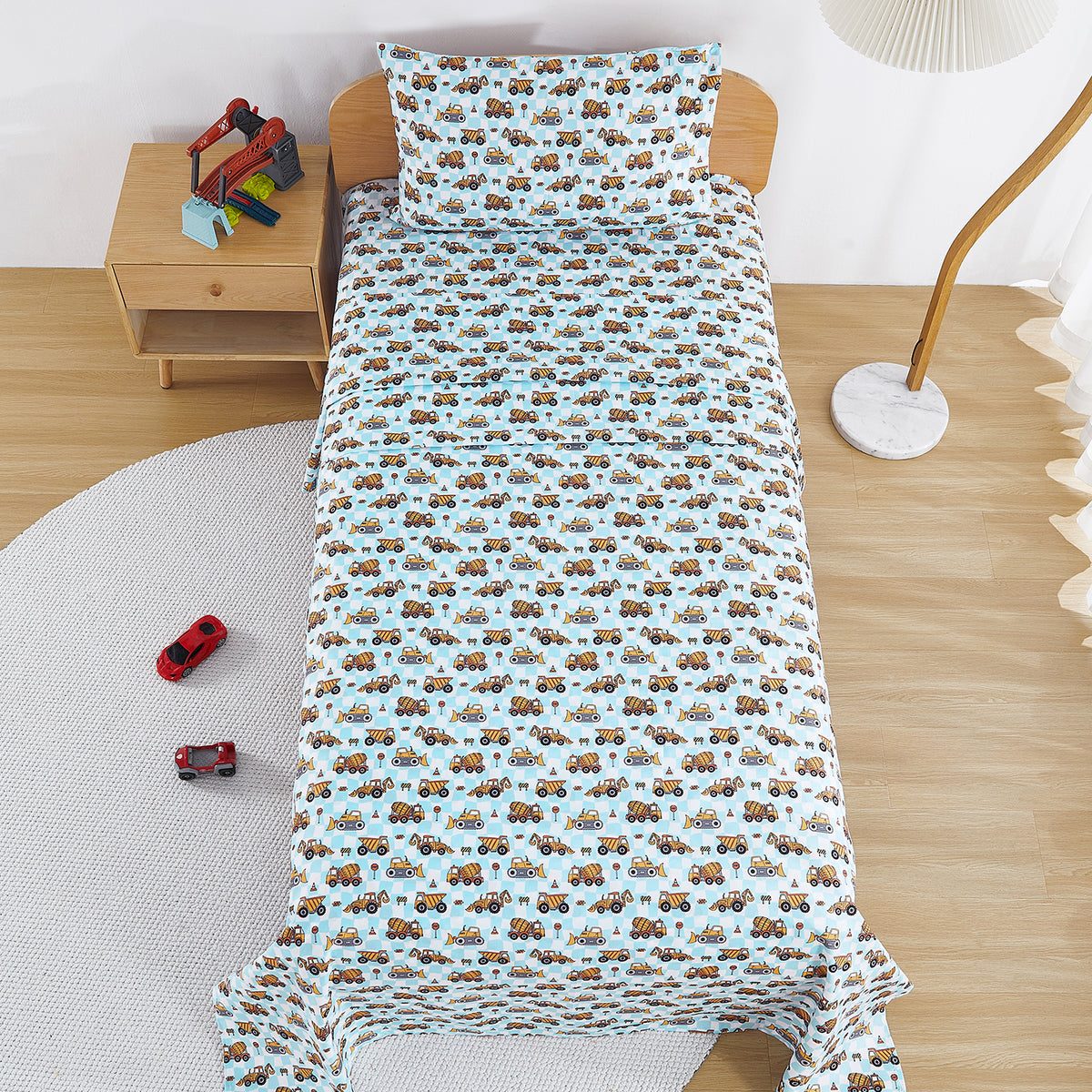 Grid Excavator Kids Bed Sheet Set Deep Pocket Double Brushed Microfiber