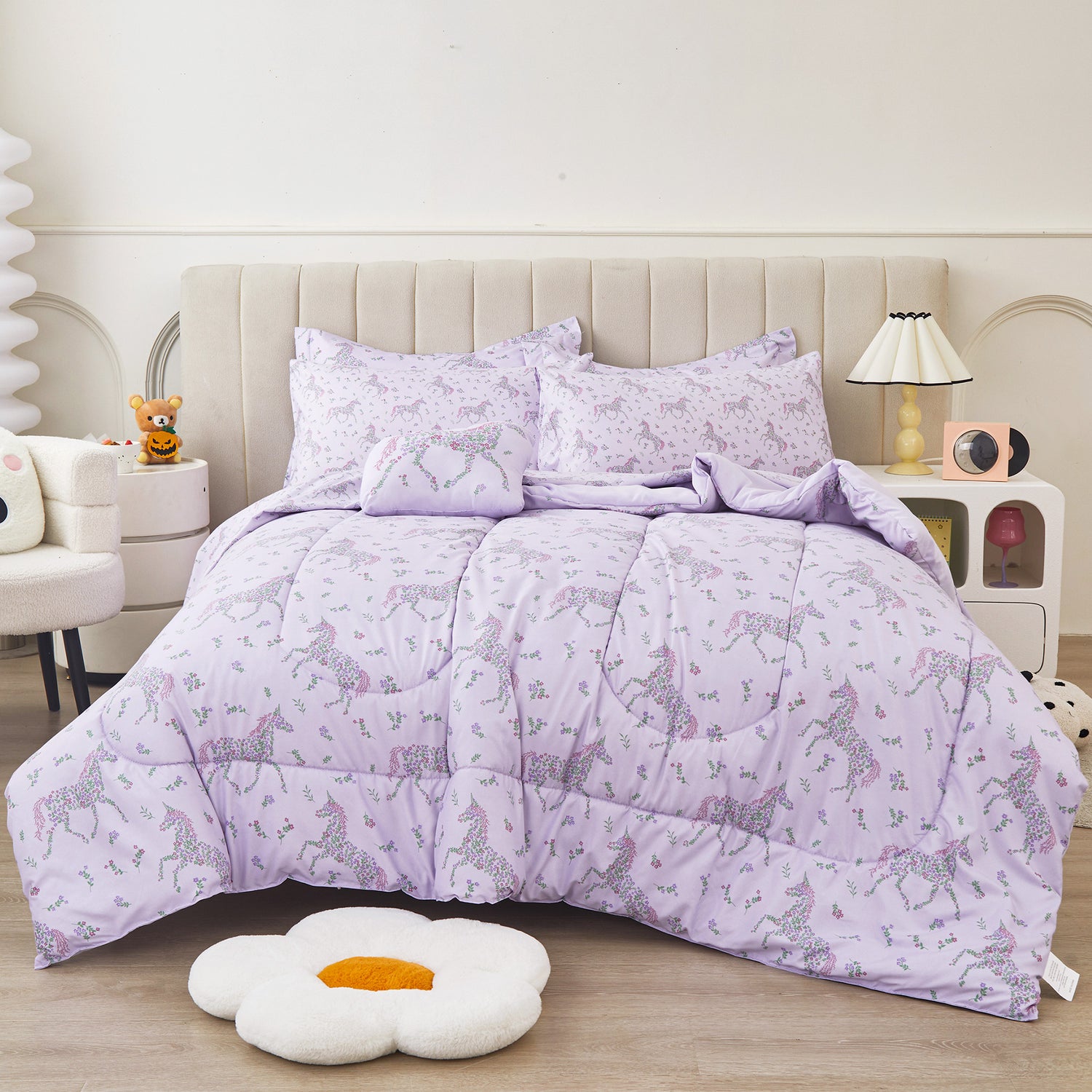 Purple Floral Unicorn 6/8 Pcs Comforter Sets for Girls Kids
