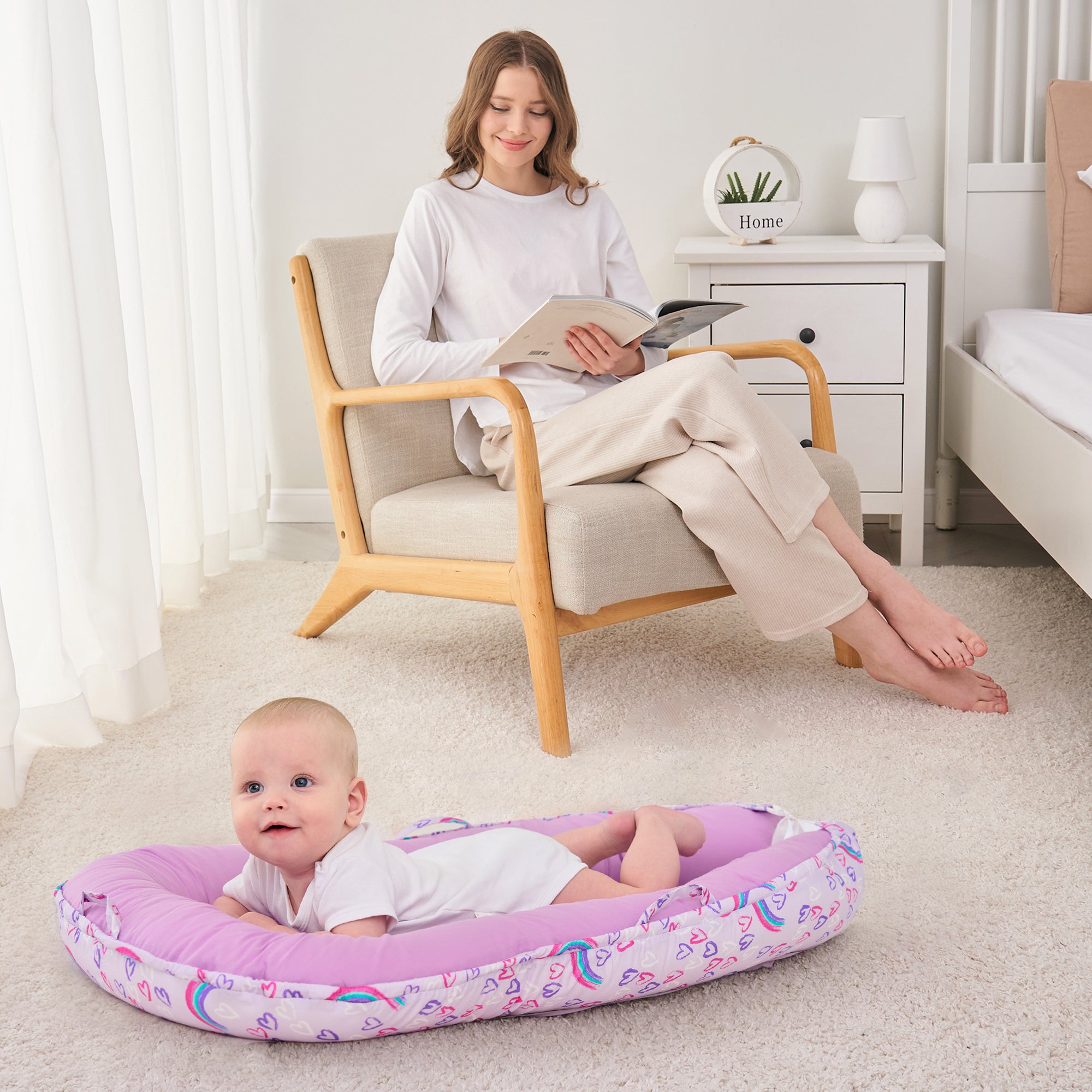 Chaise longue arc-en-ciel pour bébé - Co-dormeur pour lit bébé, chaise longue portable en coton doux et respirant pour nouveau-né, berceau